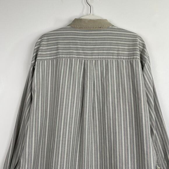 Vintage 90s Mens Striped Button Up Shirt 17 Green Tan Contrast Collar Retro Prep - Picture 16 of 16